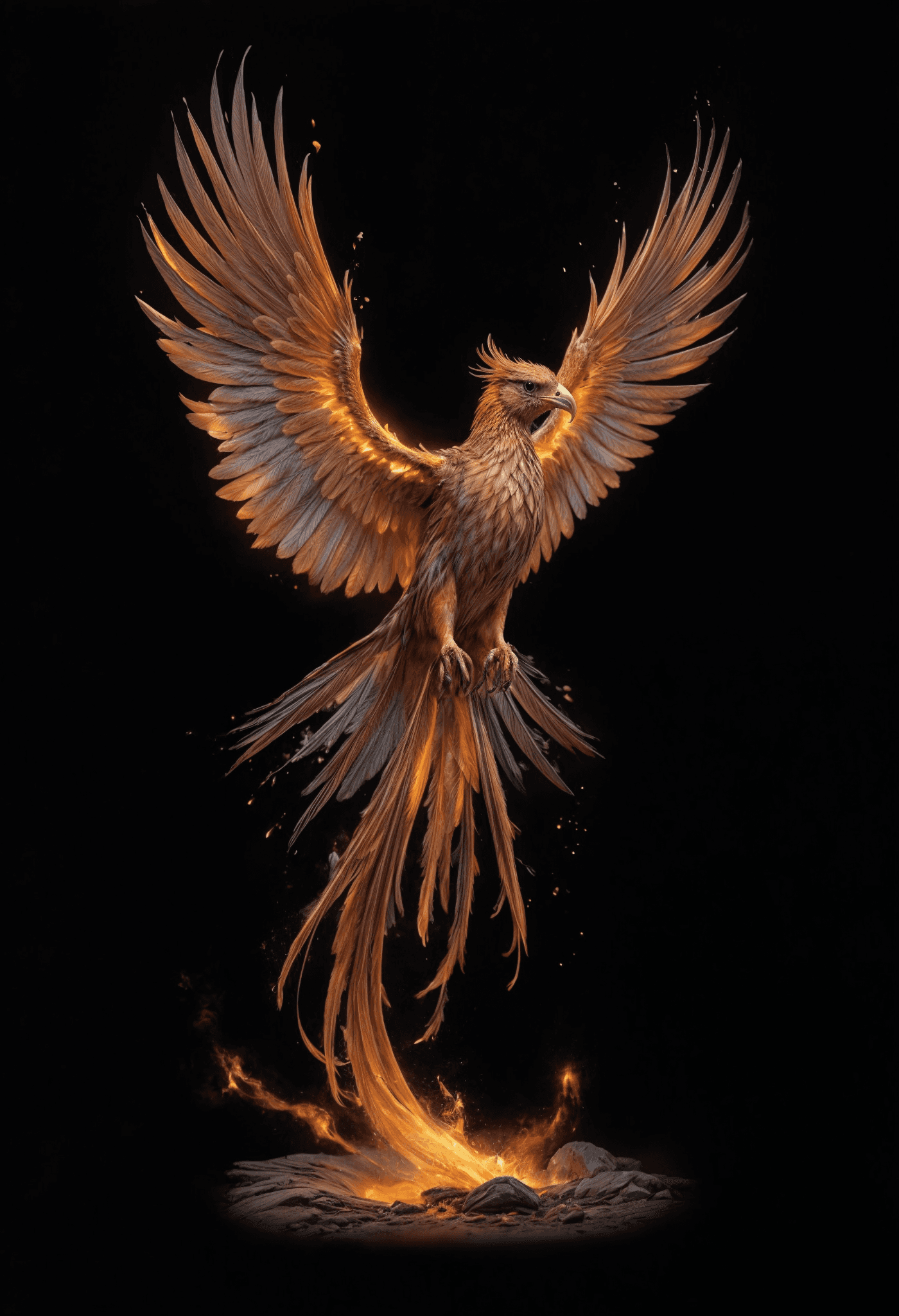 AI generated: The image features a majestic bird with fiery orange and yellow feathers, soaring against a black ba...