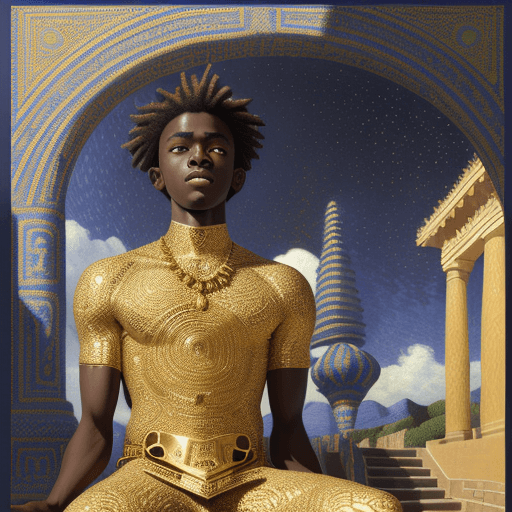 AI generated: African boy meditating", fine detailed pointillism painting + low-angle view, hyper-realistic, Stair...