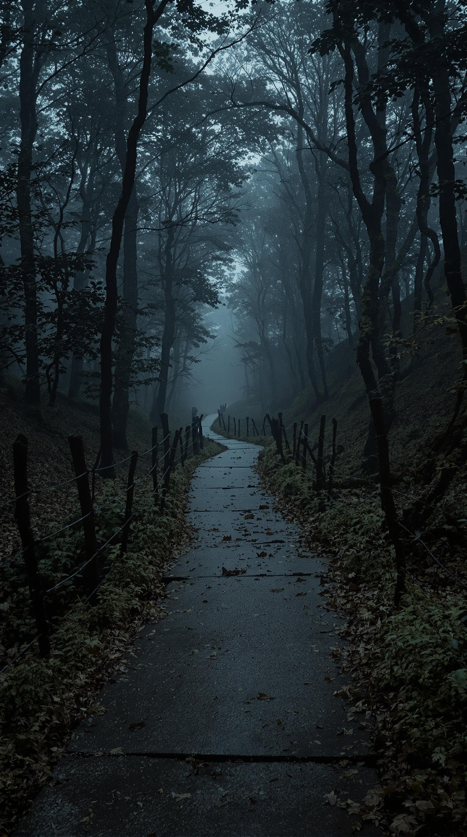 AI generated: A hyper-realistic forest path at dusk, winding through dense, mist-covered trees. The ground is over...