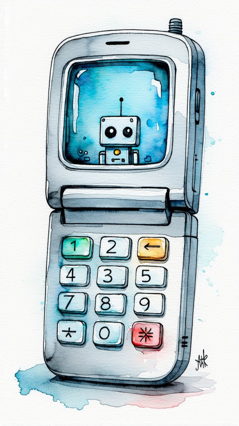 AI generated: A whimsical watercolor painting of a vintage flip phone, similar to early 2000s models, with a light...
