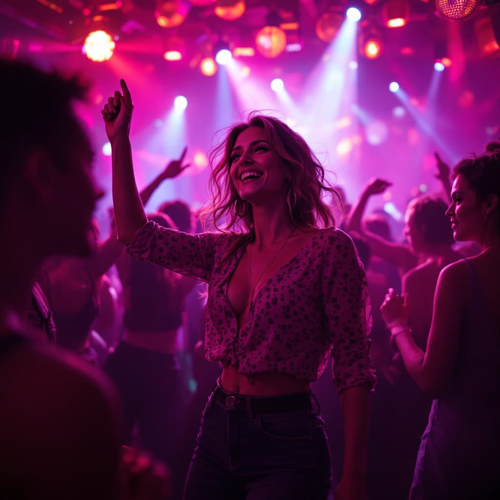 AI generated: Hyper realistic image of techno music playing at a party and you have a attractive, middle-age woman...