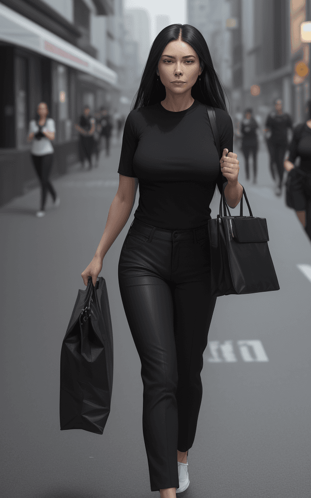 AI generated: The image features a  woman wearing a black shirt and black pants, walking down a street while carry...