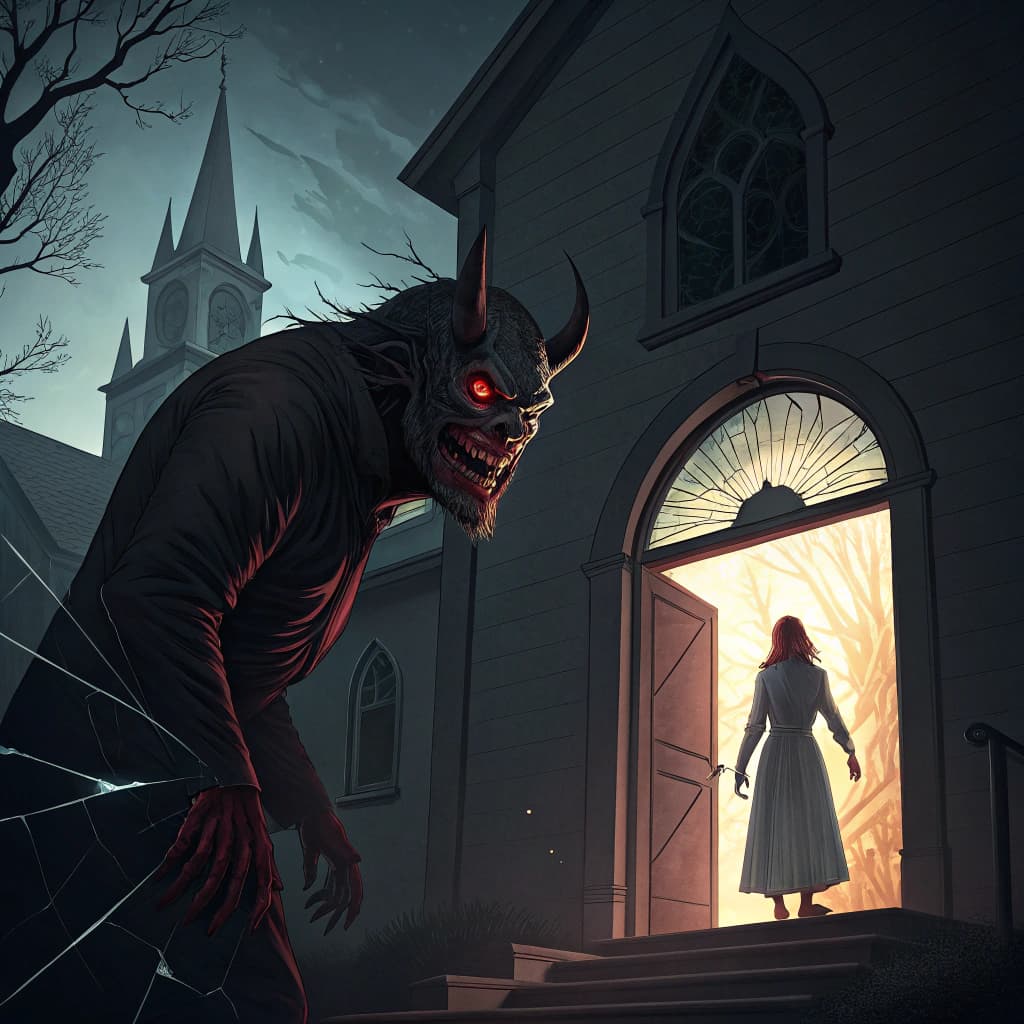 AI generated: a demon climbing through a mirror into a church to prey on a moarning woman. demon has fire in her e...