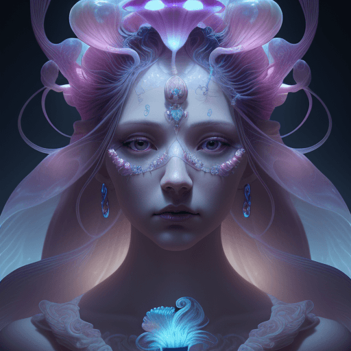 AI generated: Goddess close-up portrait ribcagel. jellyfish phoenix head, nautilus, orchid, skull, betta fish, bio...