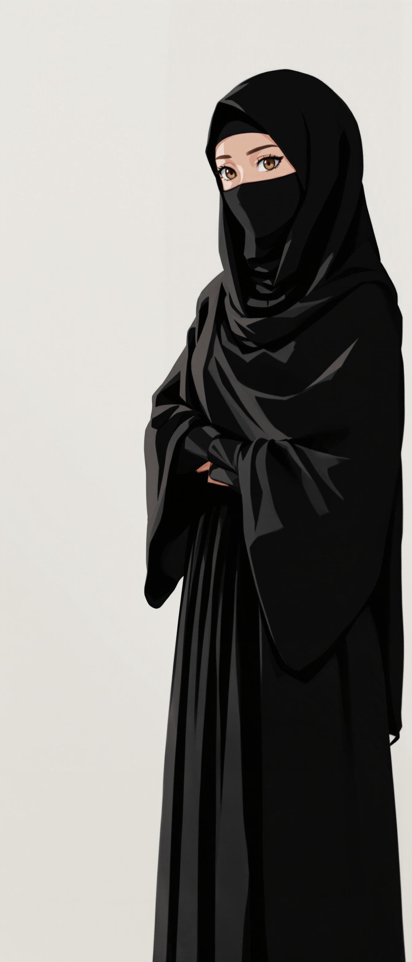 AI generated: anime Art of a girl, wearing a black hijab with the covering face like a Arabian woman in black clot...