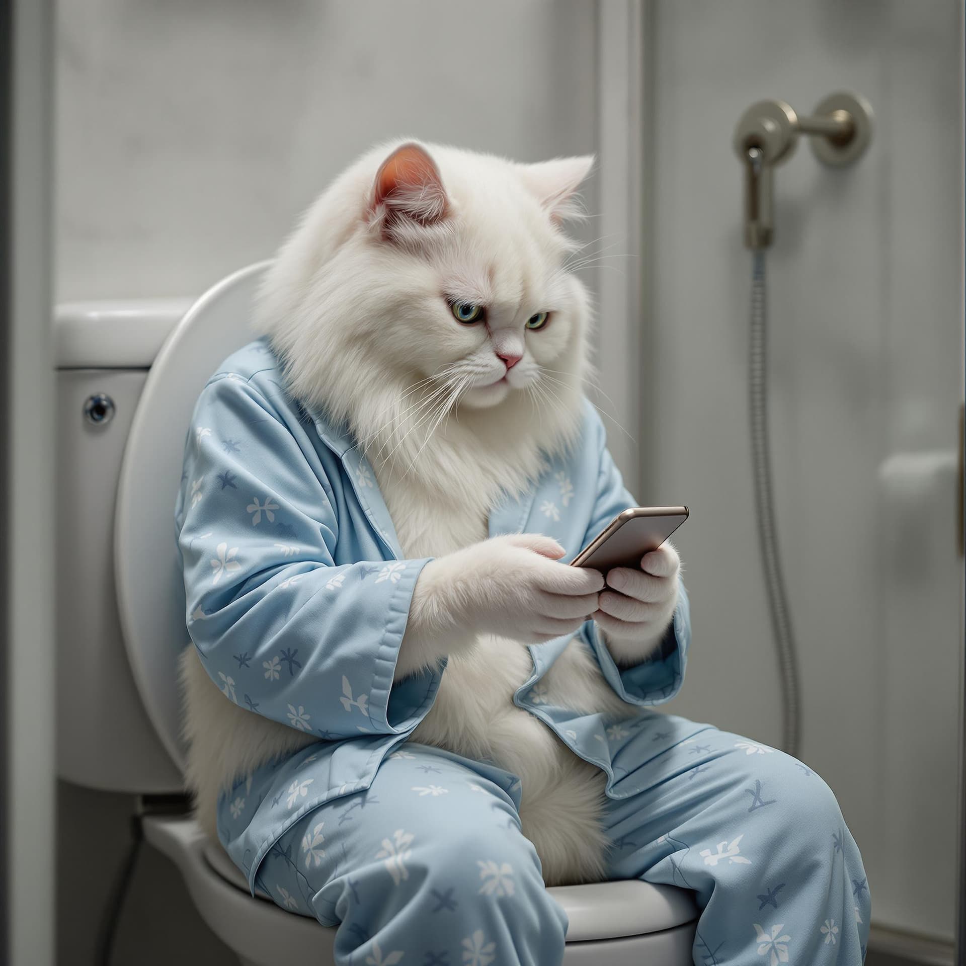 AI generated: strong dramatization, anthropomorphic real white cat wearing light blue pajamas with pattern, sittin...