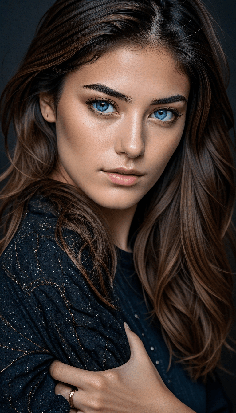 AI generated: An image of a woman with an intense gaze looking directly at the camera. She has long, wavy blonde h...