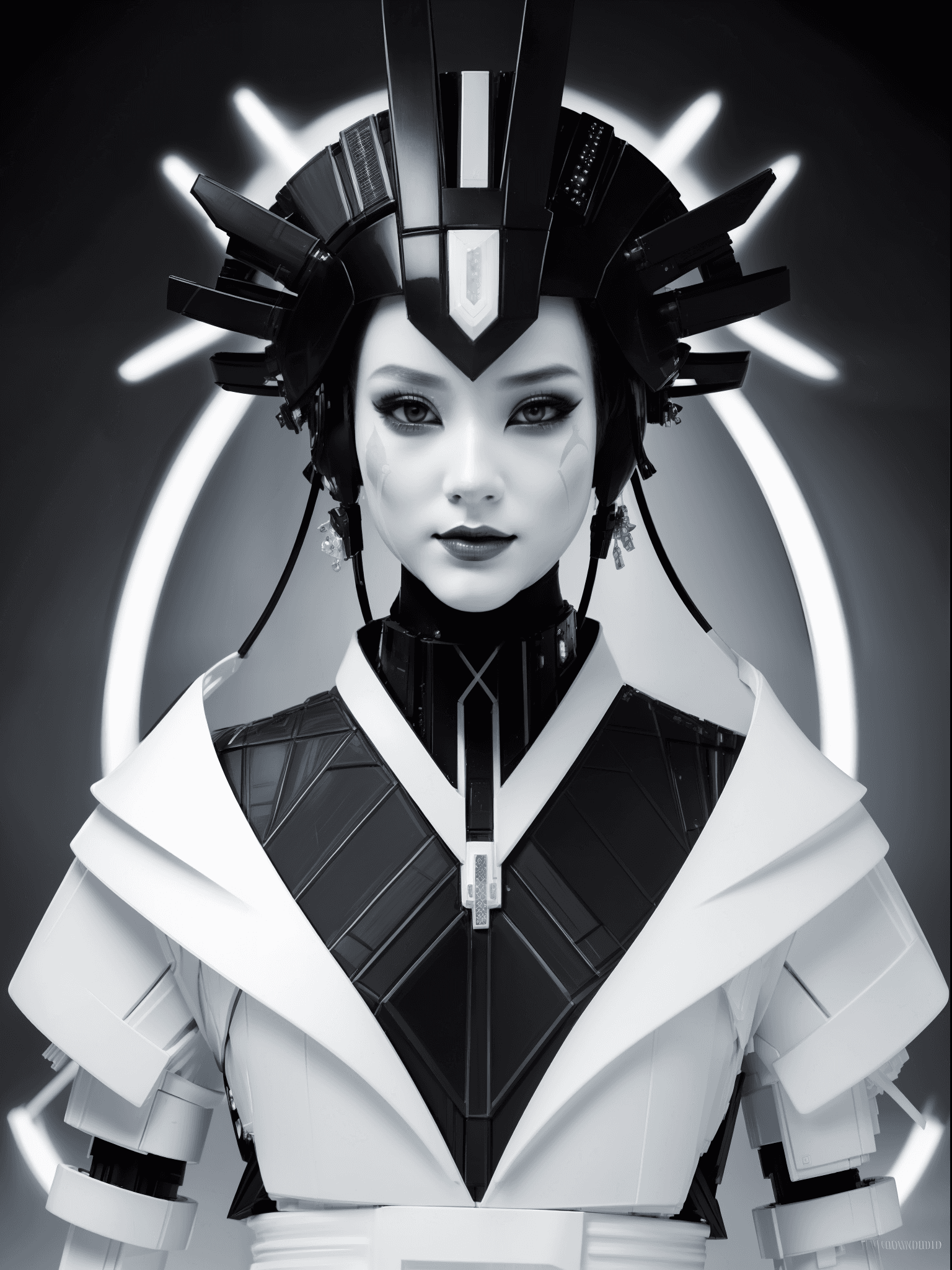 AI generated: a girl with a white face paint and black makeup, in the style of futuristic designs, dark white and ...