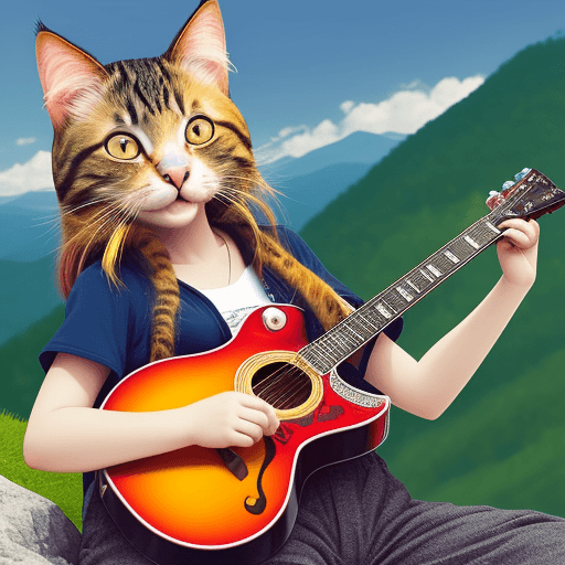 AI generated: happy cat playing guitar on mountain near a lot of jung people dancing like hip-hop stars