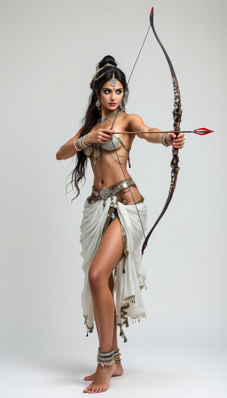 AI generated: Real Photo, full body view of an Indian woman, minimal wearing, many jewel, nose piercing, belly pie...