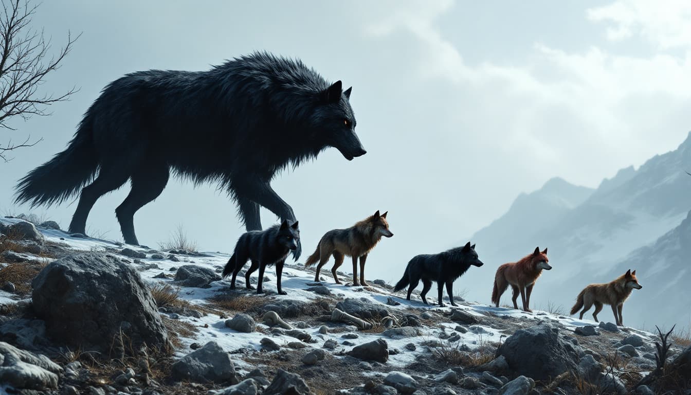 AI generated: A giant black wolf walks, followed by five wolves of different colors, black, brown, and a reddish o...