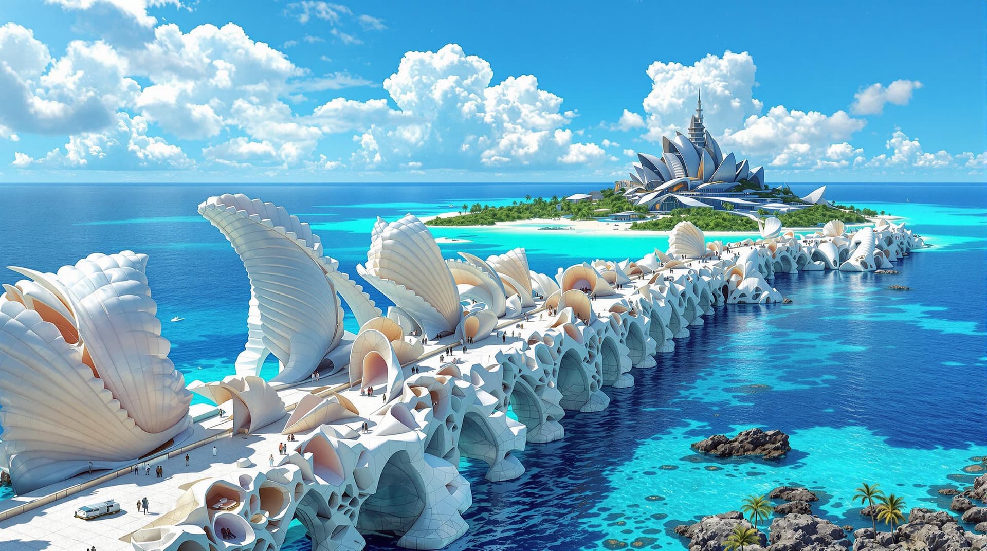 AI generated:  a long fictional bridge,made of giant seashells and pearl with high arches,modern complex architect...