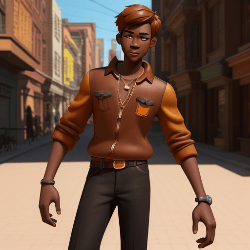 AI generated: cartoon 3D sunny bright Pixar-style image : ebony + copper + mahogany + brown + complexion boy : urb...