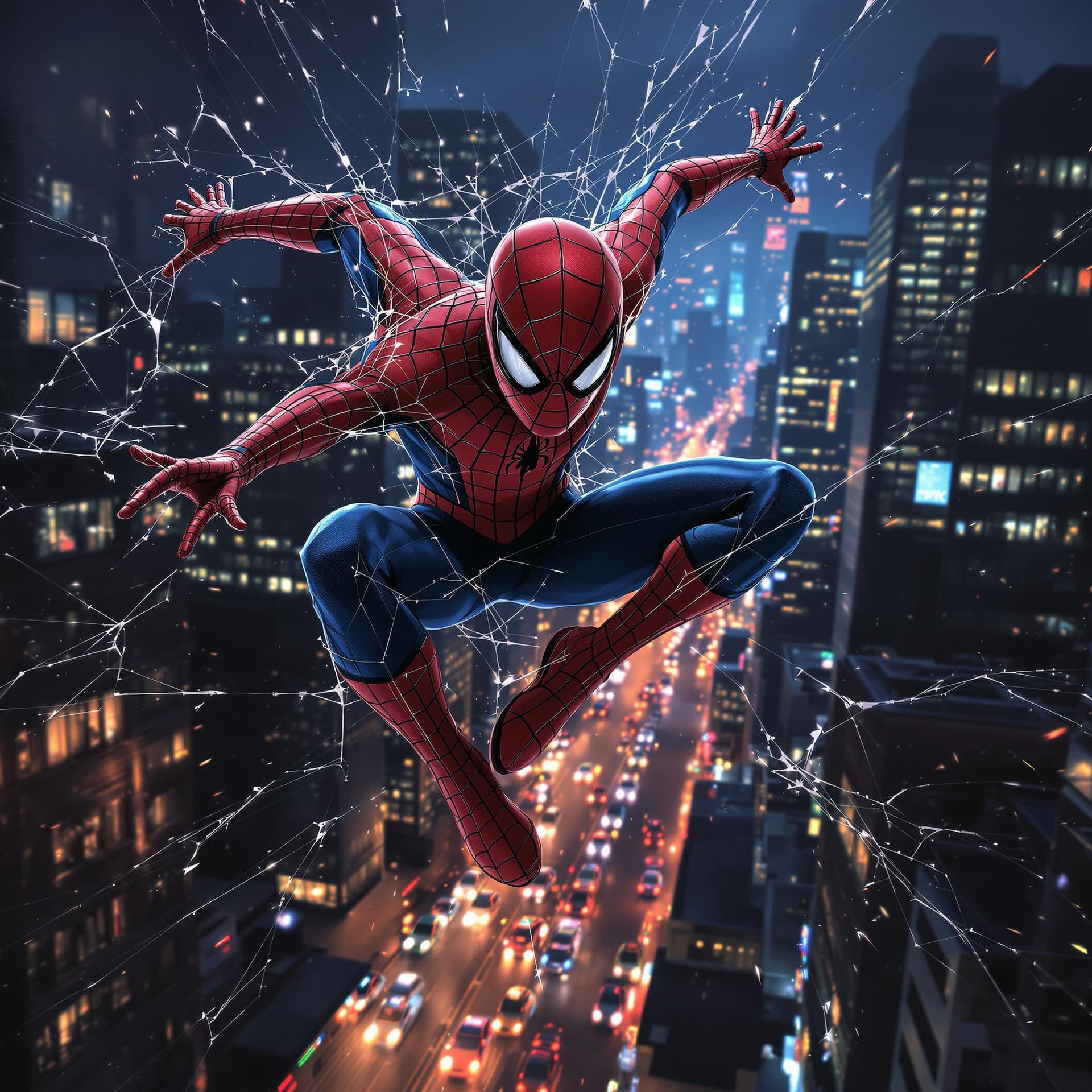AI generated: Spiderman flying through the streets of a night metropolis of a modern metropolis. Hyperrealistic sp...