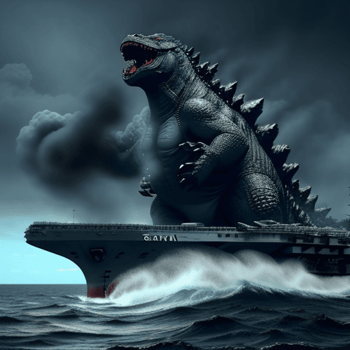 AI generated: Huge Godzilla destroying aircraft carrier in the middle of the ocean 