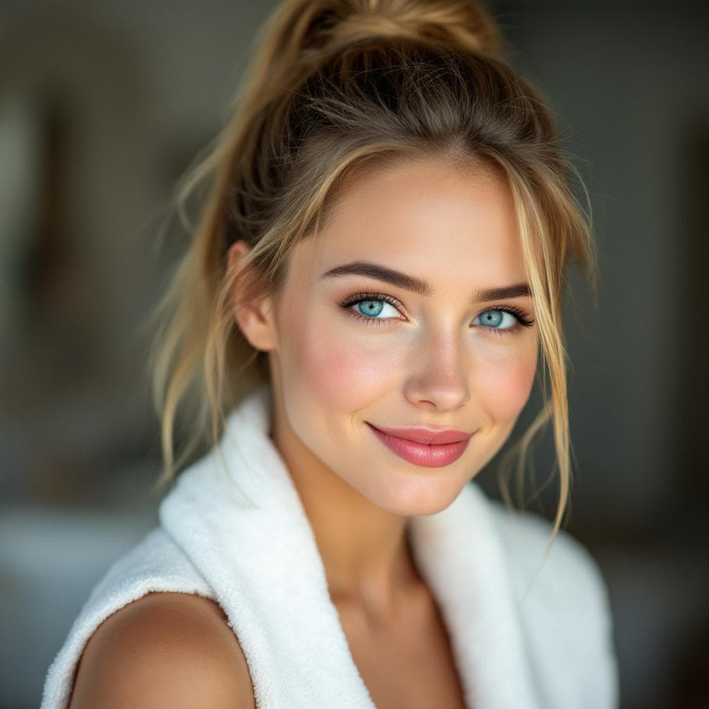 AI generated: A portrait of a young woman with light brown hair in a high ponytail, smiling softly with blue eyes ...