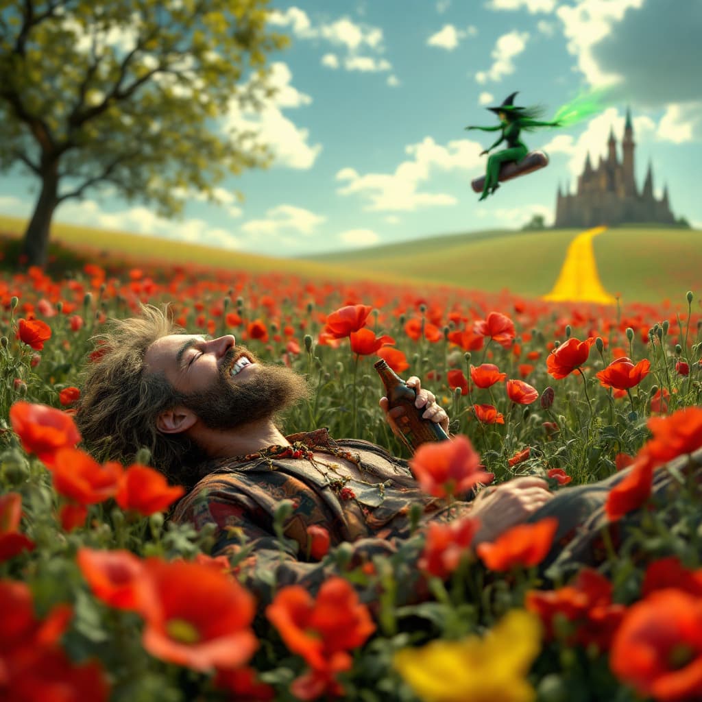 AI generated: a totally wasted  hippie with a dopey grin partly closed eyes is  in a field of poppies laying prone...