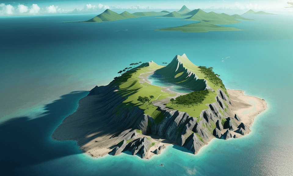 AI generated: bird's eye view high up looking down of an island. you can see the mainland in the background. the i...