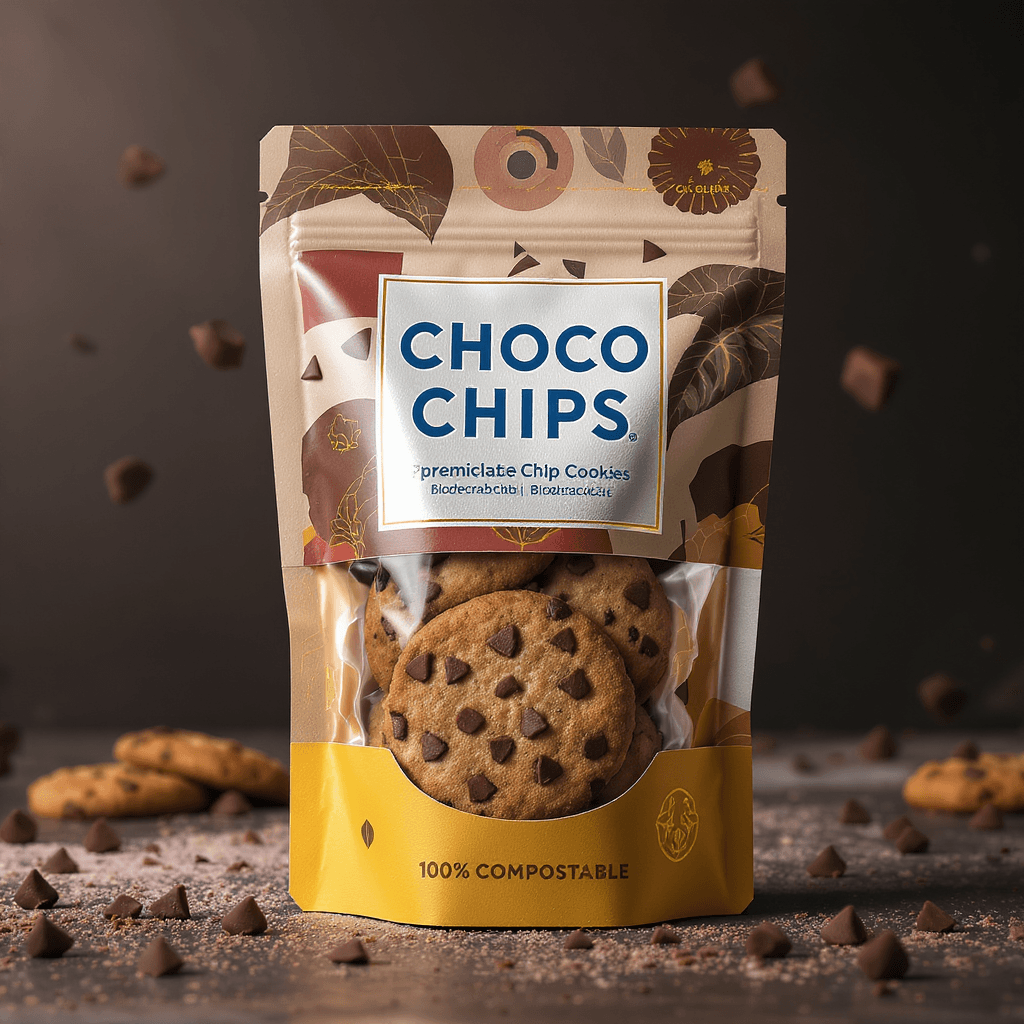AI generated: A bold, on-trend, youth-oriented pack of premium chocolate chip cookies crafted from recycled cardbo...