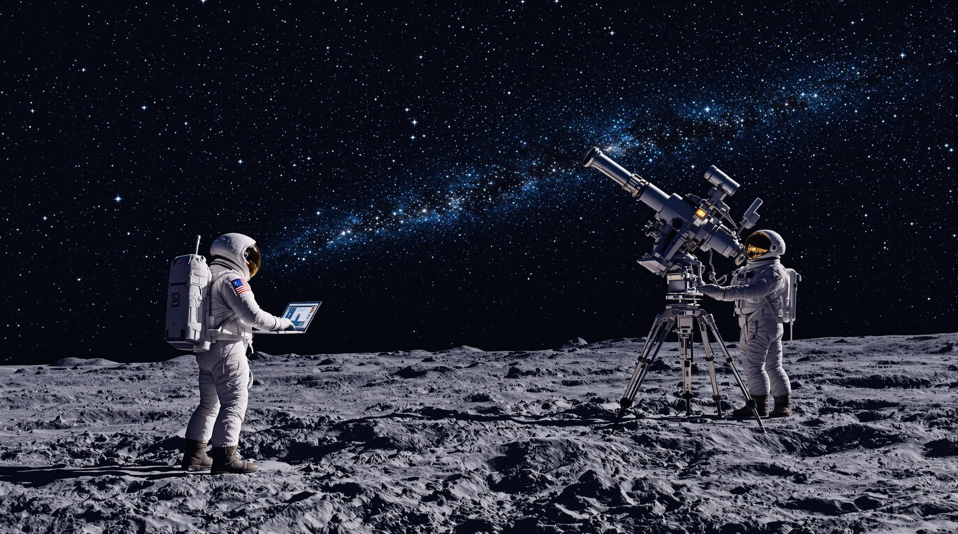 AI generated: 2 highly detailed astronauts stood on the moons surface typing into a laptop that controls a large r...