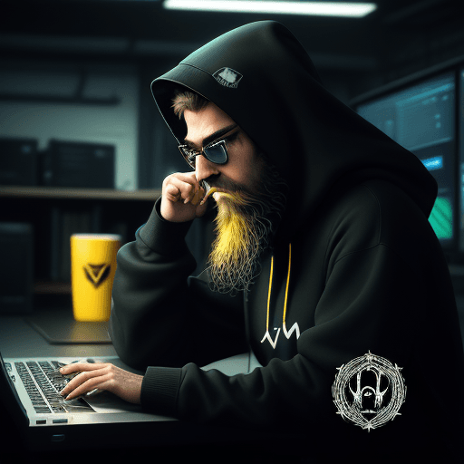 AI generated: hacker, dark room, coder, computer, man, medium beard, cool, grunge, (typing), ultradetailed, detail...