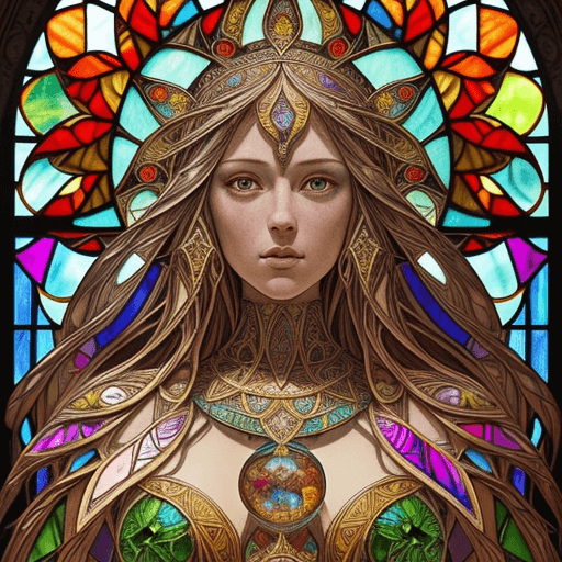 AI generated: stained glass art of goddess, mosaic-stained glass art, stained-glass illustration, close up, portra...