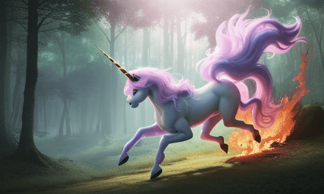 AI generated: pastel malicious  unicorn in the forest rushing toward us with fire in eyes,  dramatic light, art by...