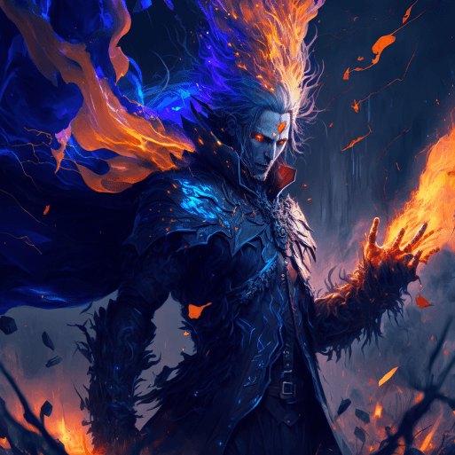 AI generated: anime, 8K RESOLUTION, SORCERER HUMANOID MALE PRINCE of darkness CONQUERING in battlefield, blue infe...