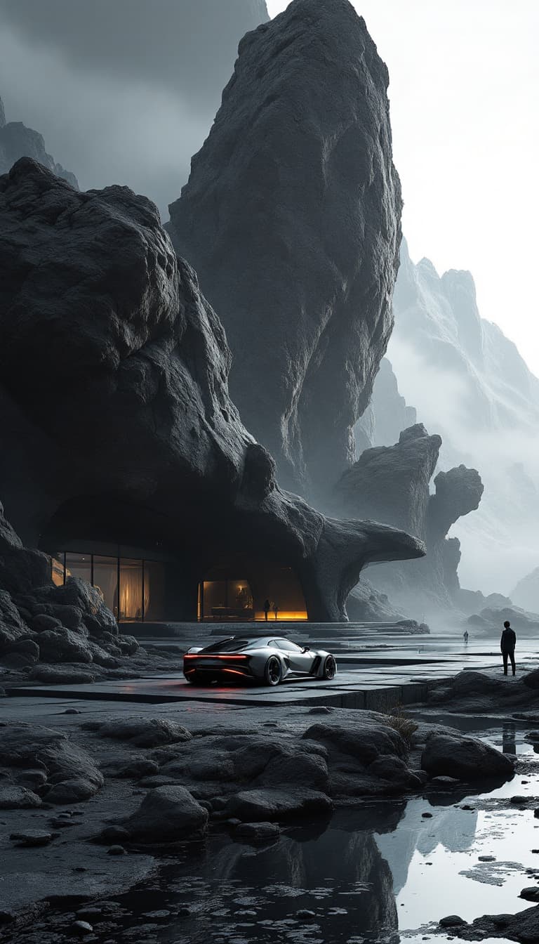 AI generated: the futuristic house in a rocky area with car, rock and house, in the style of dark gray and dark bl...