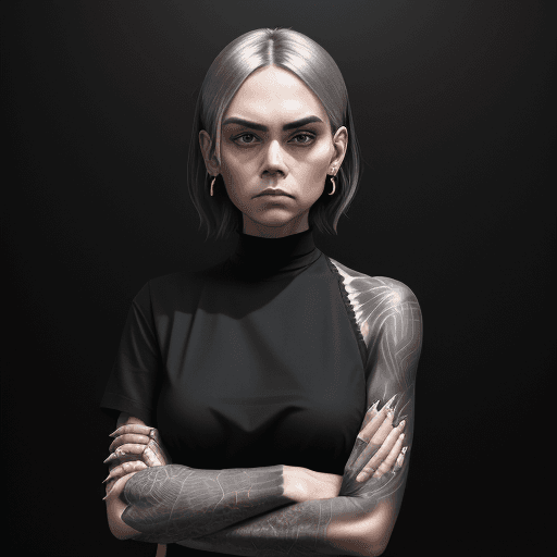 AI generated: a woman in black shirt with her arms folded against , in the style of tattoo, normcore, dark silver ...