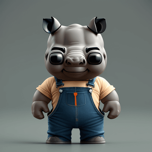 AI generated:  strong rhino wearing overalls, small smile, funko pop render, big head, small body, hands in pocket...