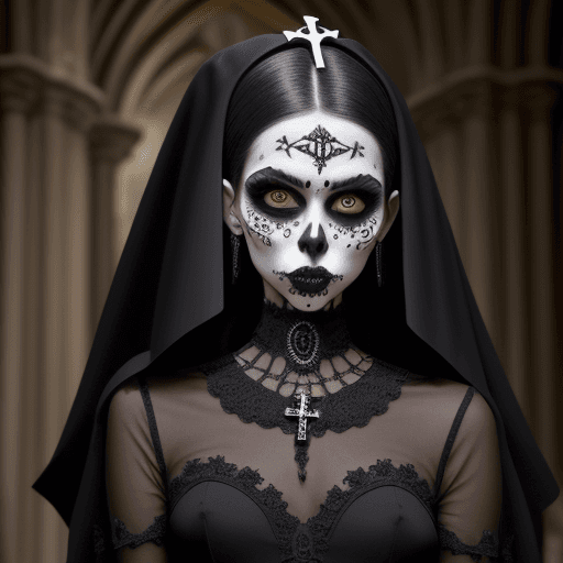 AI generated: fashion week en iglesia negra, modelos goticos con tunicas y diseños de calaveras, realista ultra de...
