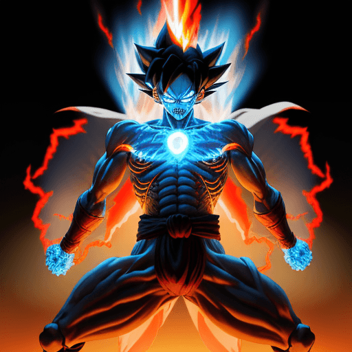 AI generated: Skeleton Goku, in his Ultra Instinct form, is wrapped in blazing red, white, and light blue flames, ...