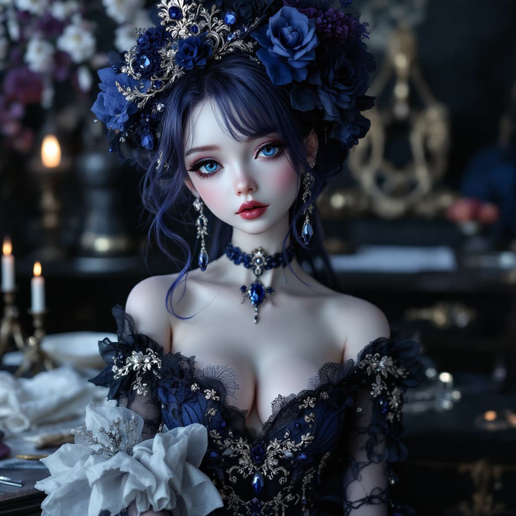 AI generated: A Porcelain Doll as a Gothic Lolita Fashion Designer, showcasing their elaborate creations in a dark...