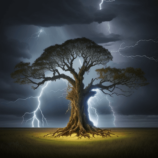 AI generated: lightning lightning tree by marie taie, in the style of photoillustration, environmental awareness, ...