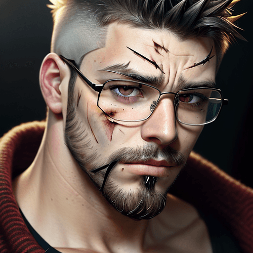 AI generated: solo, looking at viewer, short hair, 1boy, male focus, glasses, facial hair, frown, scar, spiked hai...