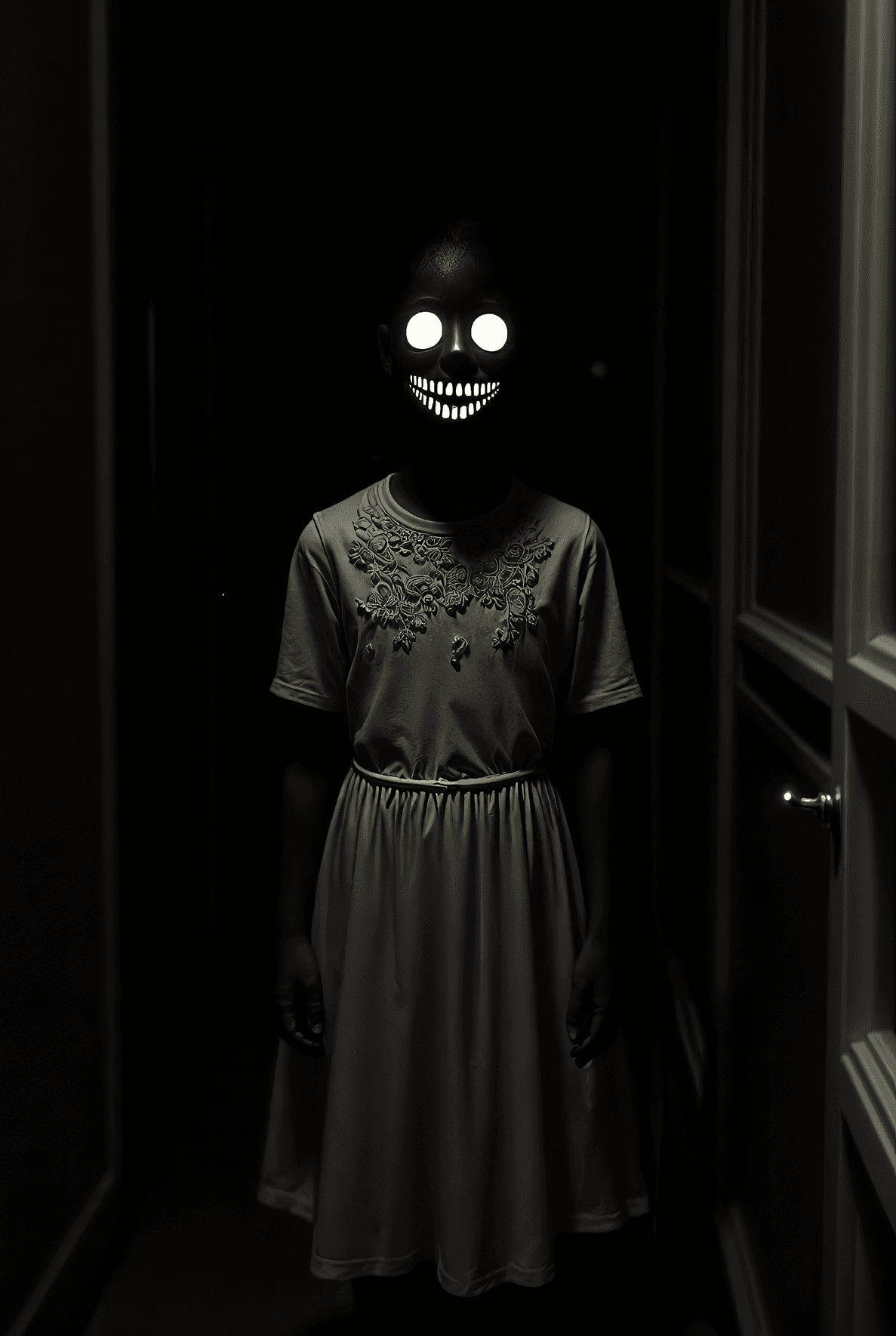 AI generated: A creepy scene with a little kid standing in a dimly lit hallway, rocking a classic white dress with...