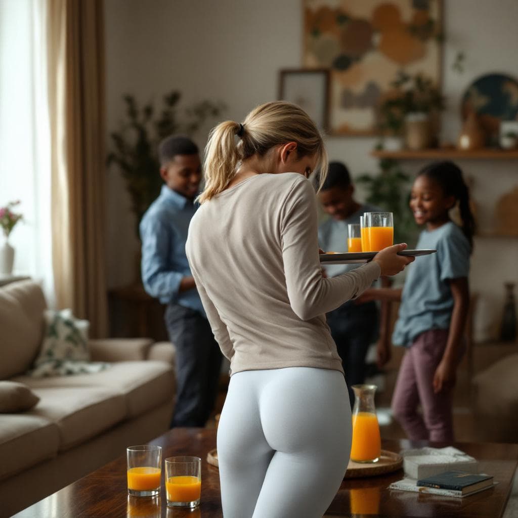 AI generated: realistic, photographic image in full shot of a 51 year old fit woman, wide hips, firm gluteus, blon...