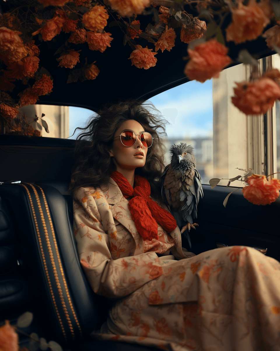 AI generated: hybrid of woman and bird, vogue aesthetic, crazy woman, model watching on viewer, gucci tones, ultra...
