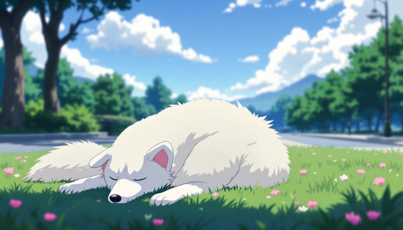 AI generated: jindo dog, who has white short fur, a little bit long nose, docile character, lie down on the grass ...