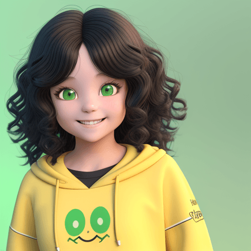 AI generated: small girl, 3D, 8k, wavy hair, black hair, smiling, looking ahead, front scene, yellow sweatshirt, 3...