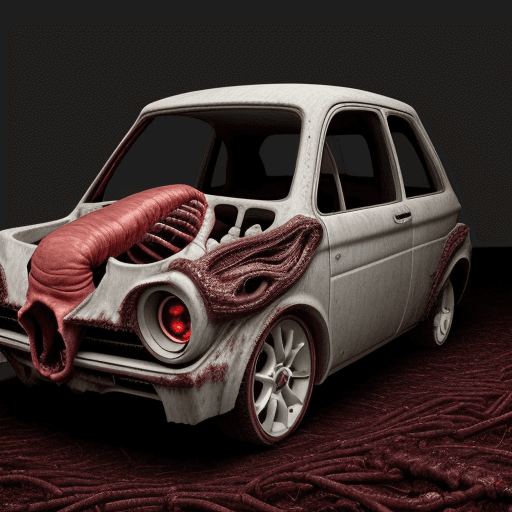 AI generated: creepy car made of meat, skin of bones and teeth covered with living eyes and pulsating veins