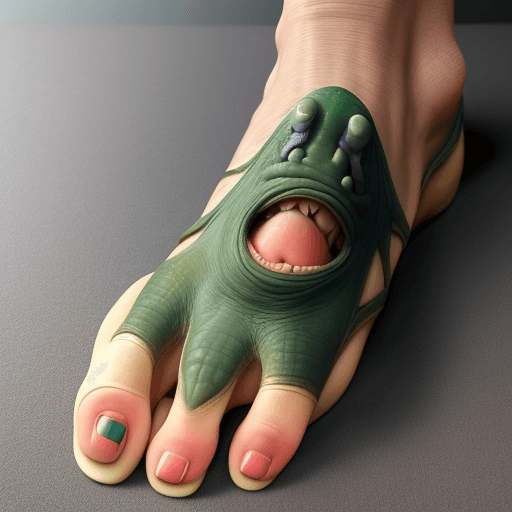 AI generated: a human foot that looks like a dinosaur's foot, whit sauro nails
