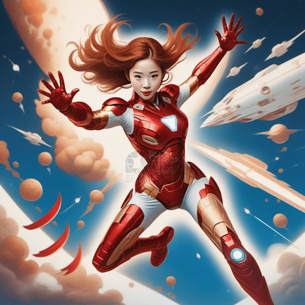 AI generated: a beauty girl wearing an Iron Man suit soars through space, making a stunning appearance , <lora:chi...
