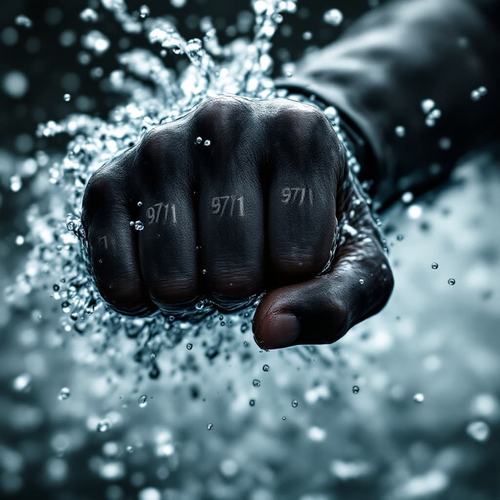 AI generated: a black fist hits the viewer in the face, the number 971 is tattooed on each fingers, a close-up of ...