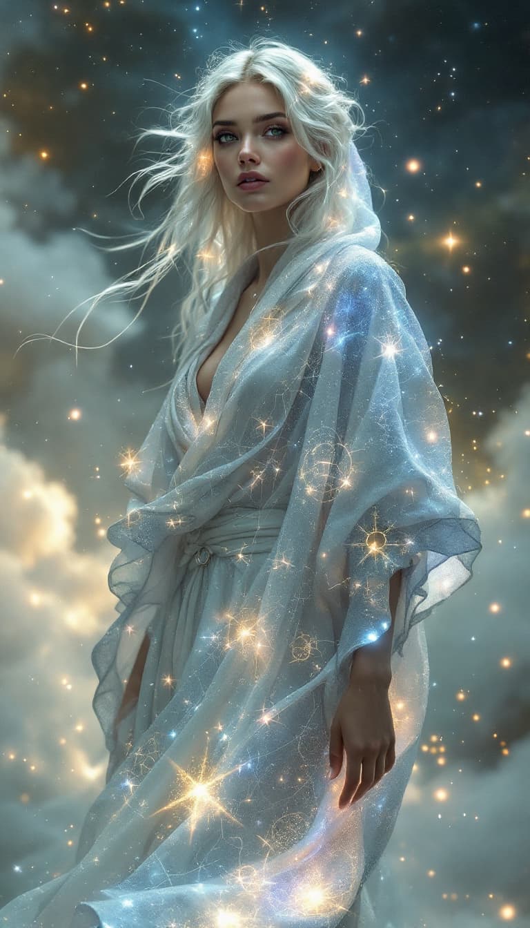 AI generated: An ultra-realistic, full-body portrait of a captivating celestial oracle woman, radiating ethereal w...