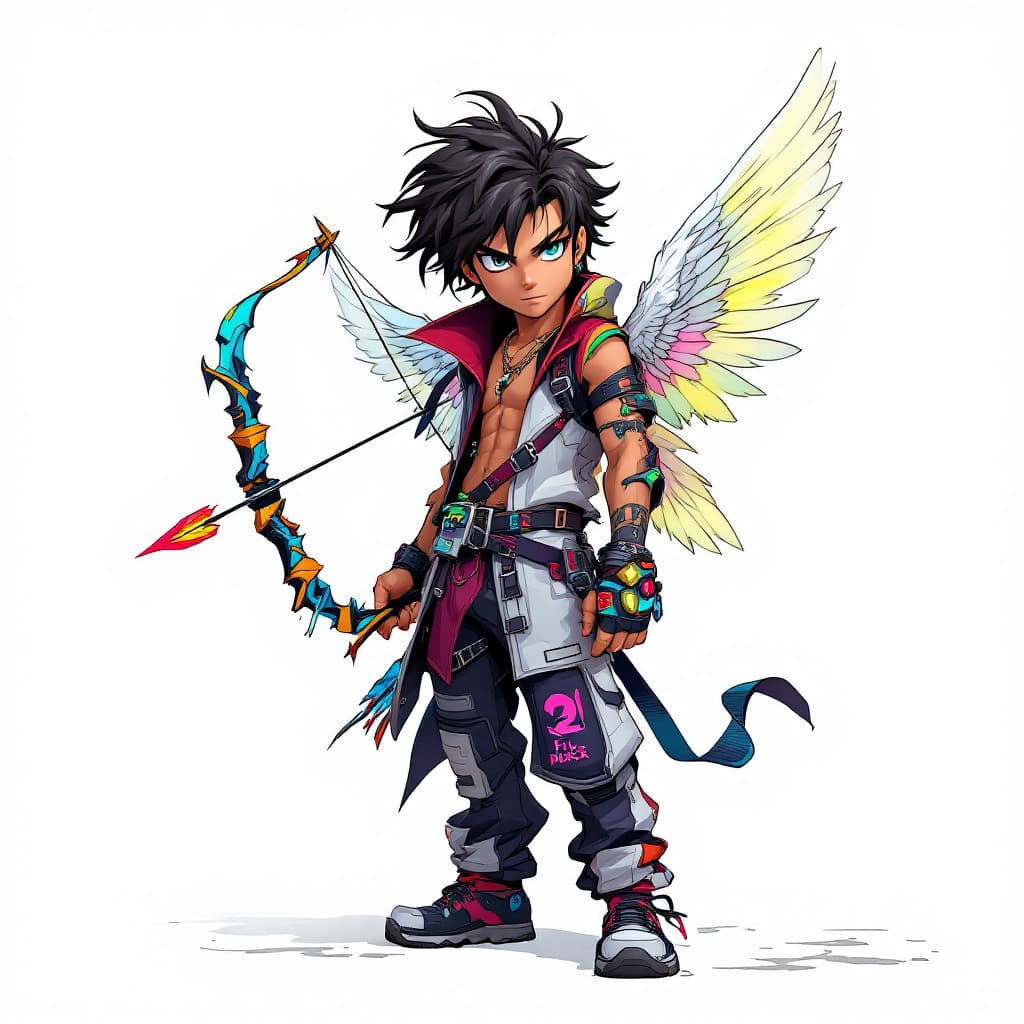 AI generated: mixed race anime boy cupid in dressy street wear with a cyber punk bow and arrow
white background fu...