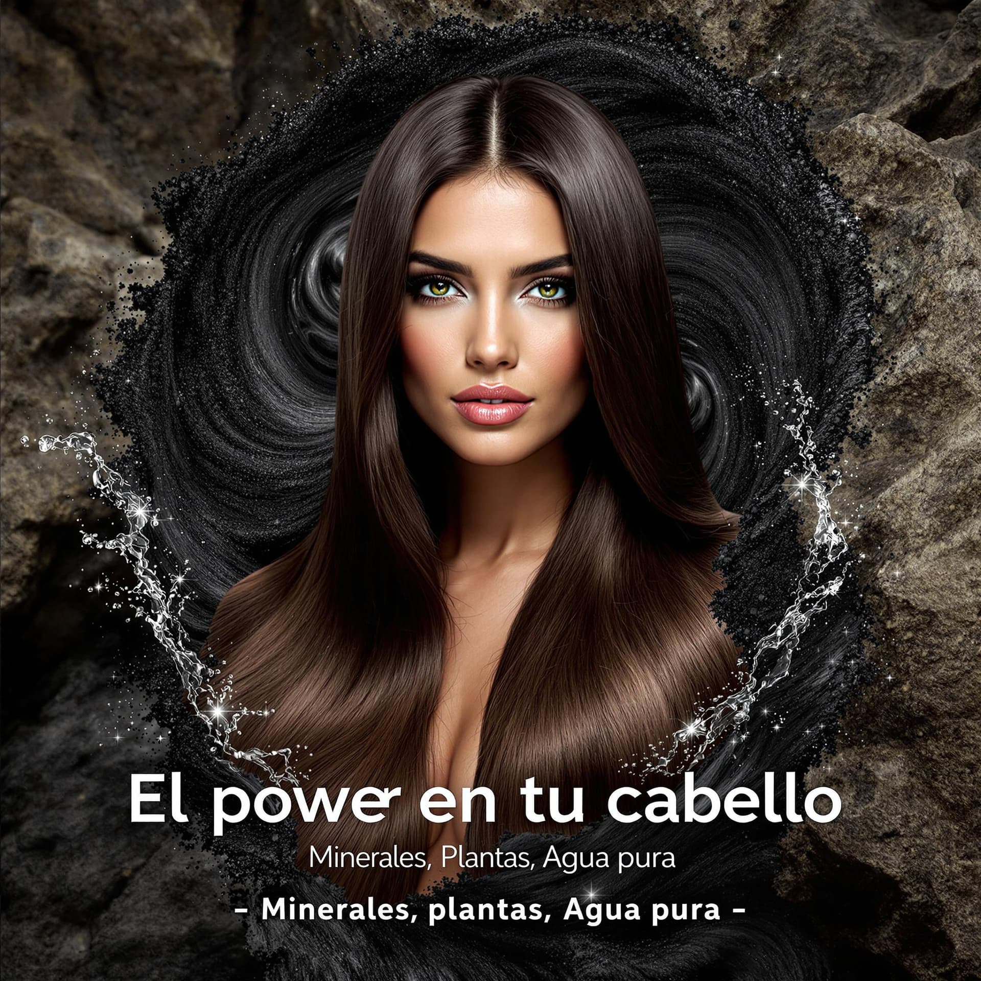 AI generated: Beauty campaign visual. A confident woman with sleek, shiny dark brown hair surrounded by swirling m...