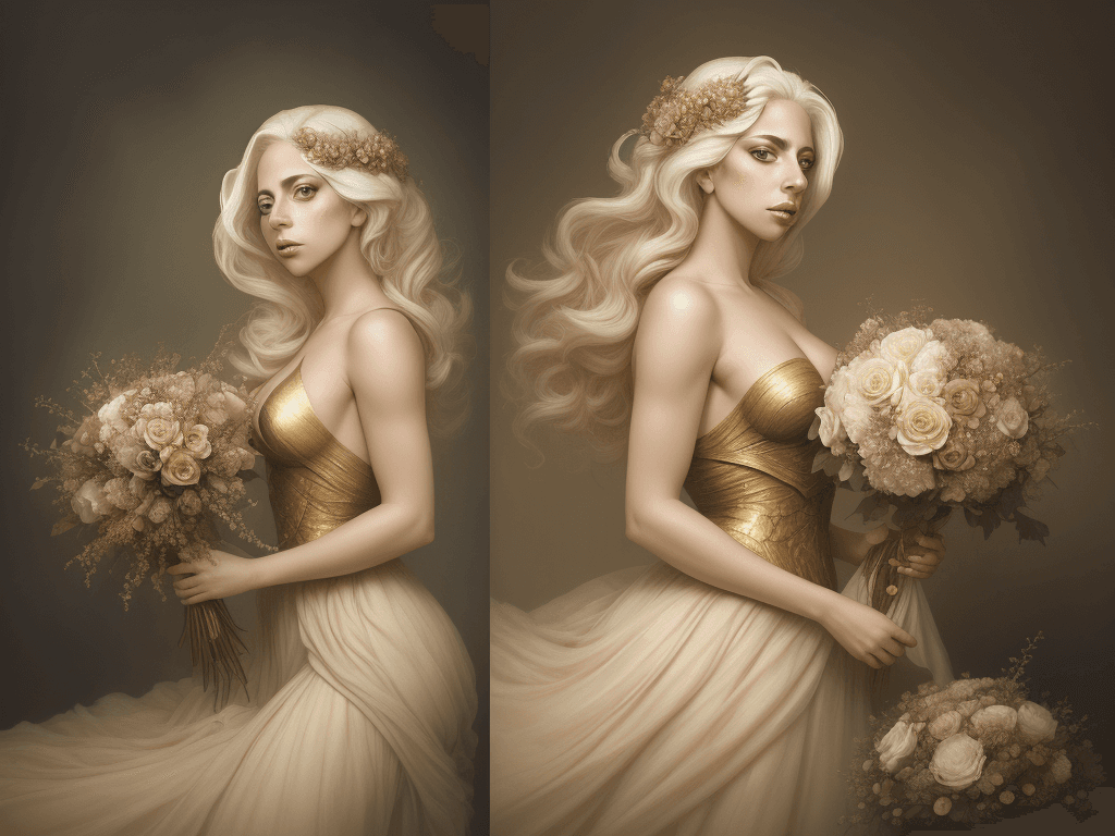 AI generated: lady gaga cd cover photograph flowers, in the style of helene knoop, light bronze and gold, peter co...