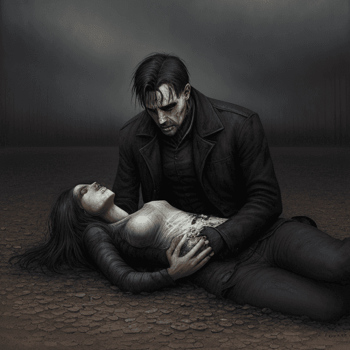 AI generated: a man crying on the ground, holding his dead wife, heartbreaking composition, digital painting, expr...
